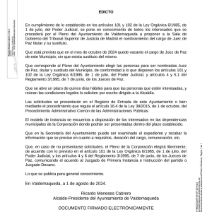 Anuncio convocatoria elección Juez de Paz Titular y Sustituto